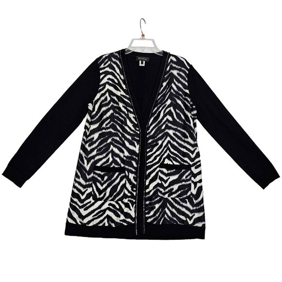 St. John Medium Cardigan Zebra Print Chain-Trim Knit Longline Wool Silk Sweater - Picture 1 of 7